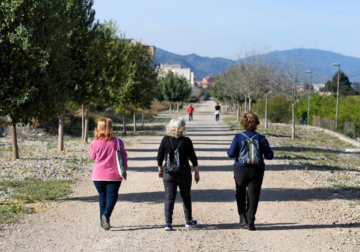 Varias personas pasean por terrenos de la Vía Verde de Murcia.