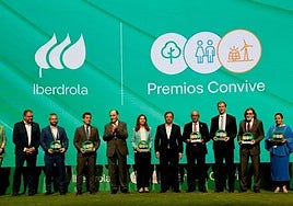 Ovejas en la planta fotovoltaica Núñez de Balboa (Extremadura).Foto de familia en la entrega de los premios Convive en su primera edición.