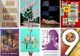 Trayectoria. Ocho de los carteles realizados en su faceta de diseñador gráfico por el también arquitecto y pintor Vicente Martínez Gadea. Todos aparecen en el libro 'Los carteles de la Academia (2017-2024)', publicado por la Real Academia de Bellas Artes de Santa María de la Arrixaca de Murcia.