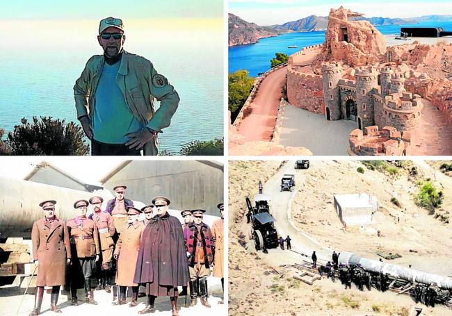 1. El autor frente a uno de los imponentes cañones Vickers. 2. La batería de Castillitos, guardiana del Cabo Tiñoso 3. Ingenieros militares retratados en Castillitos, en 1933. 4. Subida a la cima de la montaña de los cañones.