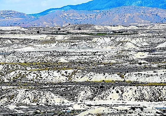 Un coche cruza la carretera próxima al desierto de Mahoya, en Abanilla, en mayo.