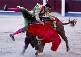 Paco Ureña sufre una cogida en Las Ventas, este domingo.