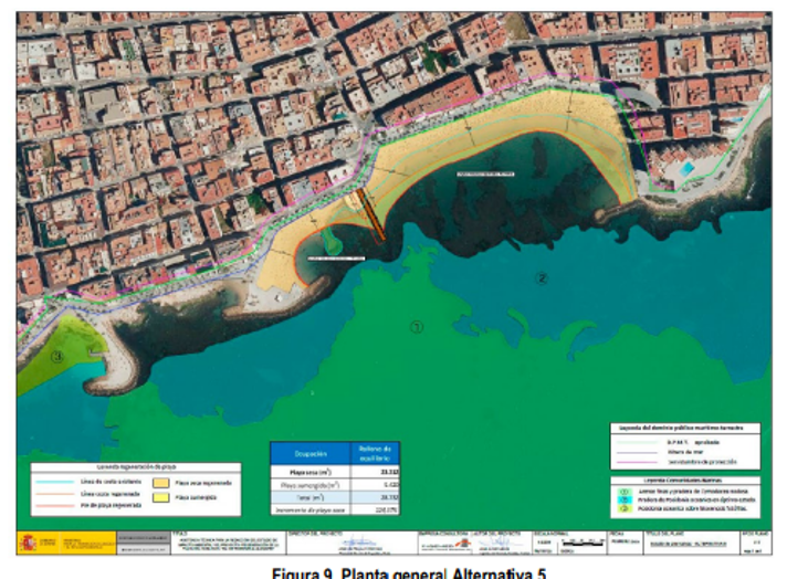 Solución propuesta por Costas. Señala en verde el espigón junto a las piscinas artificiales como elemento a demoler junto al basamento de El Tintero. En rojo, la delimitación del nuevo espigón.