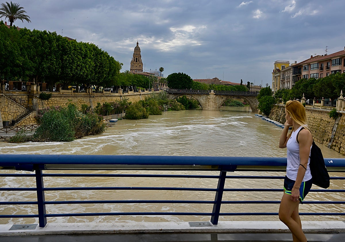 Crecida del río Segura, a su paso por Murcia, con la espuma blanca tras las últimas lluvias torrenciales de junio.