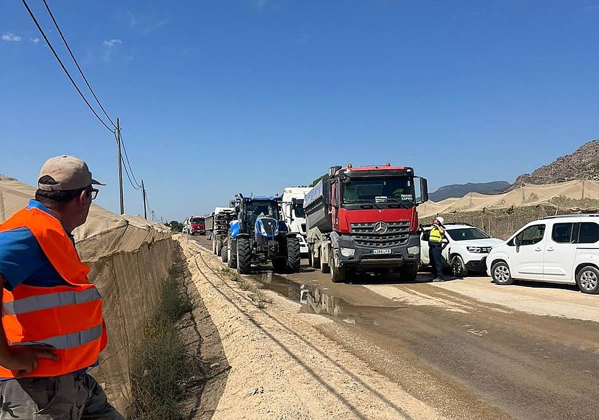 Varios camiones pasan junto a las plantaciones de uva, entre los tractores colocados por los agricultores.