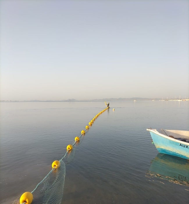 Redes antimedusas instaladas en la playa de La Mota, en San Pedro.