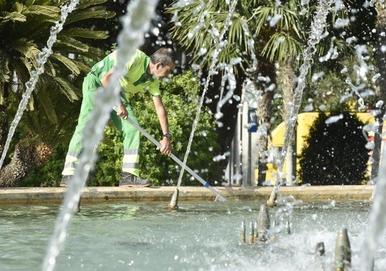 Trabajos de limpieza en una fuente de Murcia, este lunes.