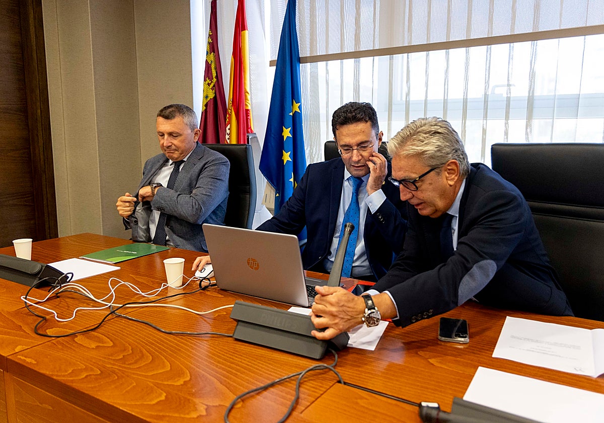 Alejandro Pérez Pastor (centro) junto al presidente de la Comisión de Asuntos Generales, Miguel Ángel Miralles (dcha) y el diputado de Vox Pascual Salvador (izqda)