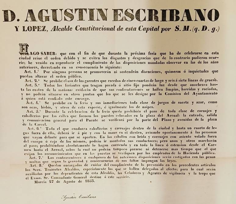 El histórico bando municipal de 1853 que se conserva intacto en el Archivo Almudí de la ciudad de Murcia.