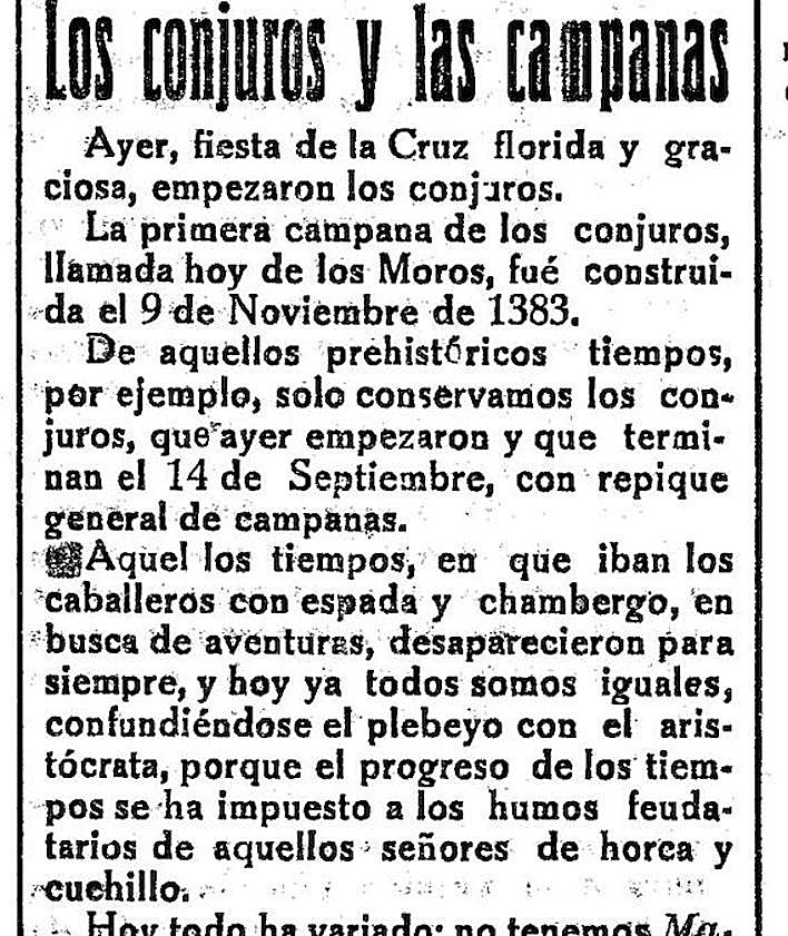 Imagen secundaria 2 - 1. Costumbre. Un 14 de septiembre de 1914 contaba así el 'Diario de Murcia' el final de los conjuros. 2. Michirones. 'El Liberal' daba cuenta en 1914 del inicio de nuestros conjuros.