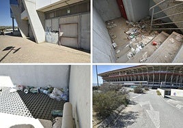 Basura y desperfectos en el entorno del Enrique Roca de Murcia.