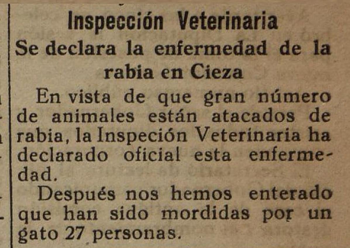 Imagen secundaria 1 - 1. Aviso de los veterinarios. Curiosa noticia de 1932 que narra cómo un solo gato rabioso llegó a morder a 27 ciezanos. 2. En 1937 quiso el alcalde advertir contra la epidemia.