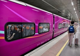 Un tren Avlo a su salida de la estación de Murcia.