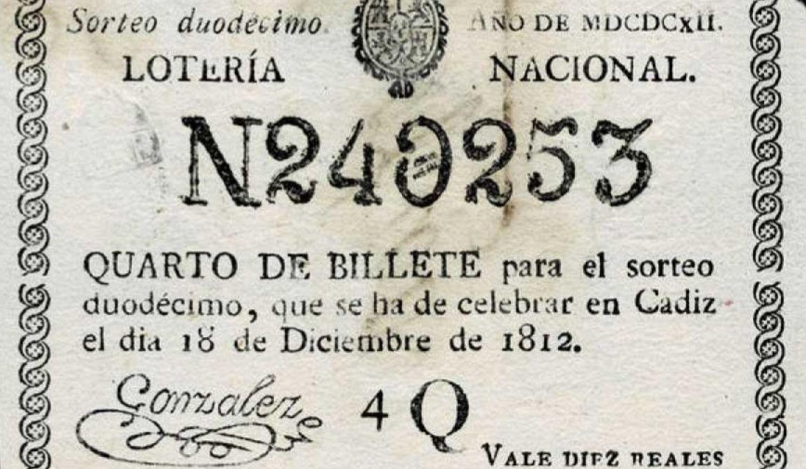 Billete del primer sorteo que dio lugar a la actual Lotería de Navidad.