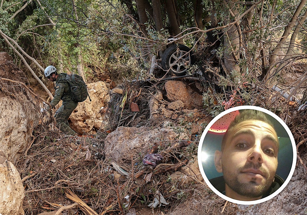 Efectivos de la UME trabajan en la cañada de Letur, este viernes. A la derecha, Juan Ortiz, uno de los desaparecidos.