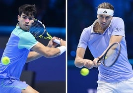 Carlos Alcaraz, durante el choque contra Rublev del pasado miércoles. Alexander Zverev, en su partido del miércoles frente a Ruud.