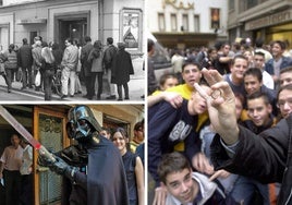 Estrenos. Gente esperando en cola para ver 'Titanic'. Un aficionado disfrazado de Darth Vader en el estreno de 'La venganza de los Sith'. Grupo de jóvenes en la puerta del cine en el estreno de 'El señor de los anillos'.