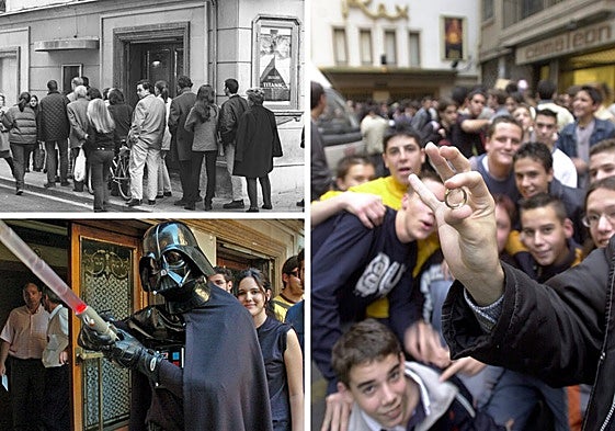 Estrenos. Gente esperando en cola para ver 'Titanic'. Un aficionado disfrazado de Darth Vader en el estreno de 'La venganza de los Sith'. Grupo de jóvenes en la puerta del cine en el estreno de 'El señor de los anillos'.