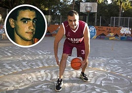 Pallarés, ayer en una cancha callejera de Cartagena. En la imagen pequeña al comienzo de su trayectoria baloncestística.