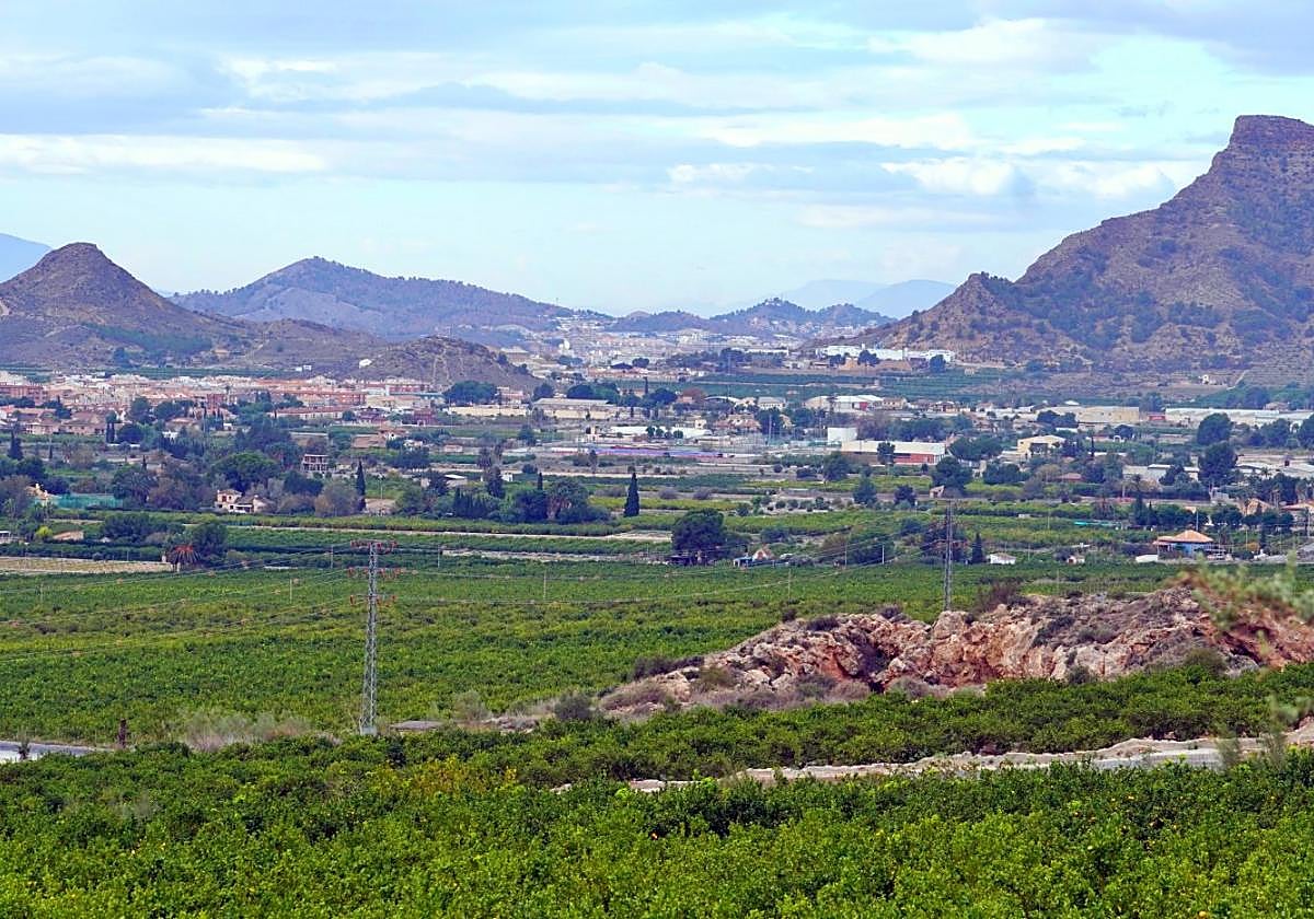 Panorámica de Santomera, donde se observan el casco urbano y varios cabezos de la zona oeste.
