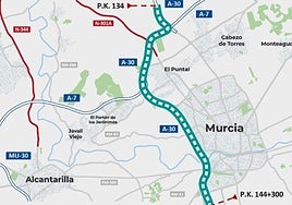 Zona de actuación de mejora del alumbrado en la A-30 a su paso por Murcia.