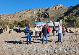 Varios de los participantes en la protesta, en la playa que utiliza el camping. Detrás, las pancartas.