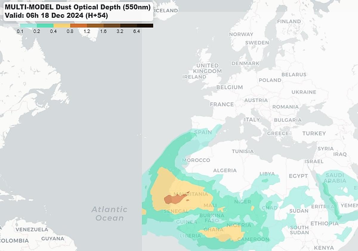 Mapa de la masa de polvo sahariano, según la previsión para el miércoles.