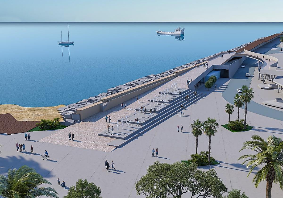 Recreación del acceso al dique de Levante por el Hombre del Mar.
