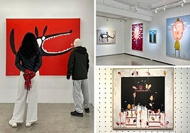 Dos visitantes contemplan una de las obras de la serie 'The Artist and the Monster', de Moisés Yagües. Obras de Moisés Yagües en la galería Ting Ting Art Space de Taipéi. Obra de la serie 'Los ayudantes'.