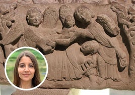 Muerte de la reina durante el parto o representación de la elevación del alma de la difunta en el sepulcro de Blanca de Navarra ubicado en el monasterio de Santa María la Real de Nájera (La Rioja). Isabel Mellén en la imagen pequeña.