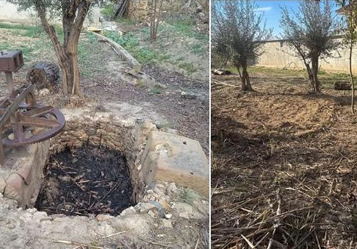 La noria de sangre de Torreagüera, a la izquierda, y el lugar después de su desaparición, a la derecha.