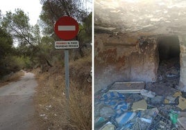 Parte del camino cortado que es Cañada Real (i); y casa cueva del barranco de la Higuera con basura.