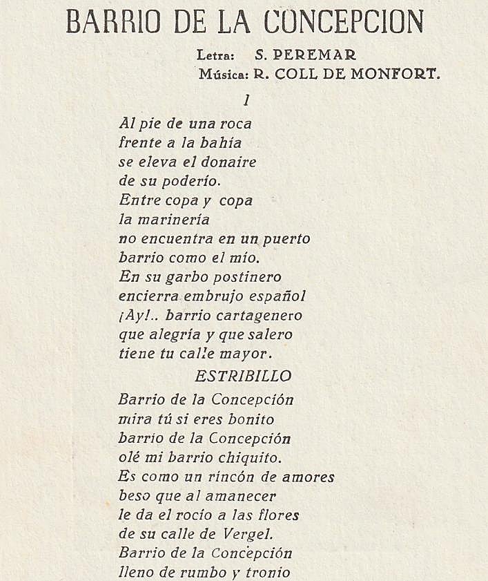 Imagen secundaria 2 - 1. Manolo Escobar cantó 'Niña de Cartagena', el éxito de Peremar. 2. Letra de la canción de Peremar dedicada al Barrio de la Concepción, donde vivió. 