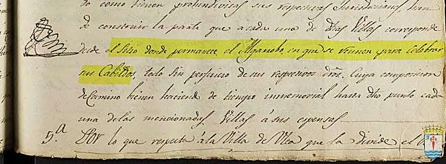 Destacado que hace referencia al «sitio donde permanece El Algarrobo en que se reúnen para celebrar sus Cabildos» las villas de «Oxós y Villanueba»