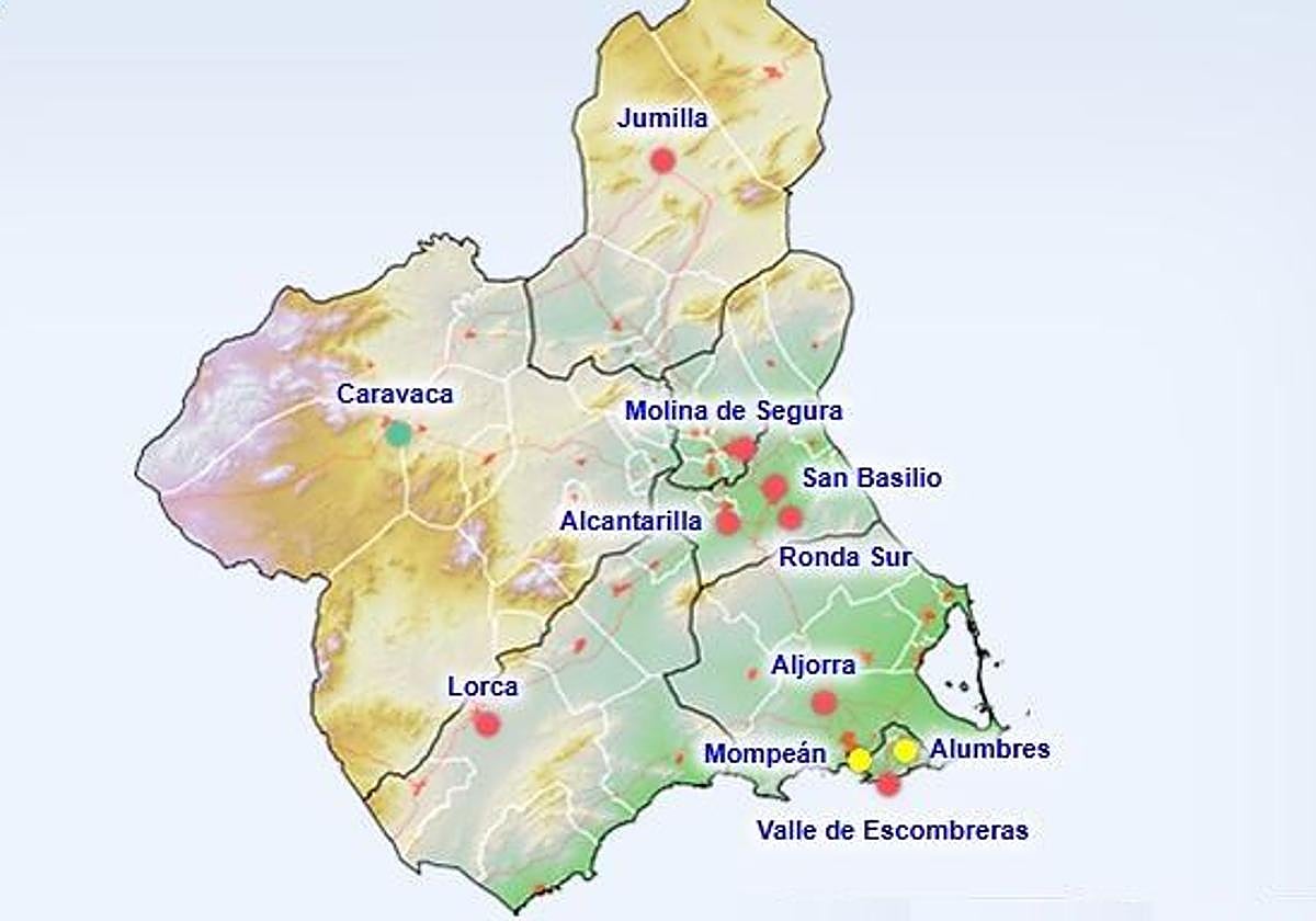 El mapa de la calidad del aire en la Región, este jueves a las 9 horas.