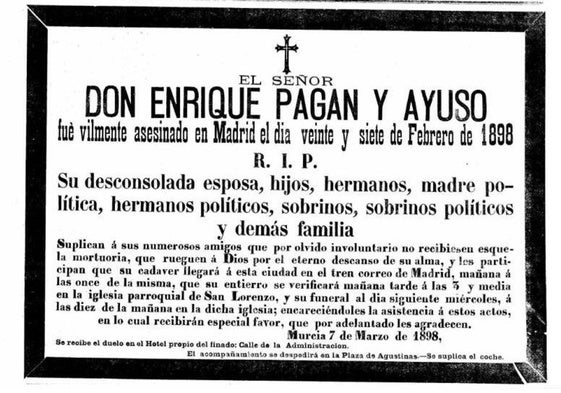 Duelo. Esquela del asesinado Enrique Pagán publicada en 'El Diario de Murcia'