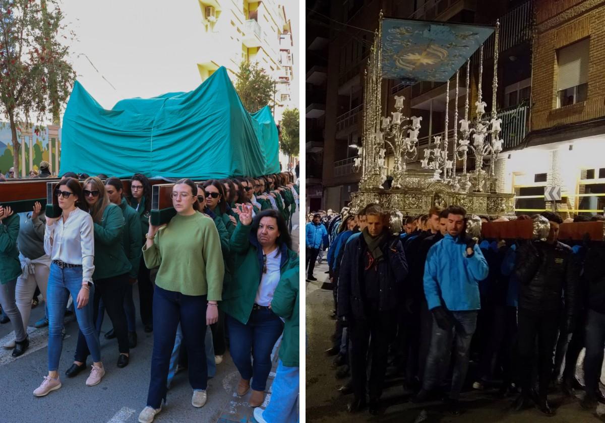 Ensayo con el trono de la Verónica, del Paso Blanco, ayer. Los portapasos del trono de la Dolorosa, del Paso Azul, en un ensayo.