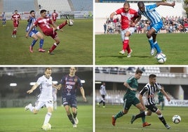 Sergio Jiménez en un La Hoya Lorca-Cartagena de 2016. | Ceballos, con el brazalete de capitán, en un derbi ante el Jumilla en 2016. | Cordero, en 2019, frente al Yeclano. | Jesús Álvaro deja atrás a Aitor Ruibal en 2016.