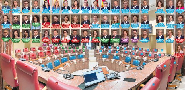 Imagen del Salón de Plenos de la Asamblea Regional tras las obras de remodelación y ubicación de los diputados de los grupos políticos y de los miembros del Ejecutivo regional.