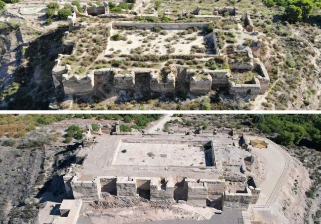 Vista aérea del Castillejo, antes y después de la primera fase de los trabajos de rehabilitación.