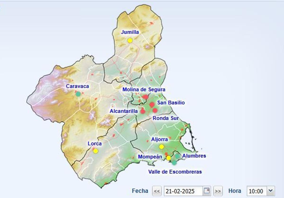 El mapa de la calidad del aire en la Región, este jueves a las 10 horas.