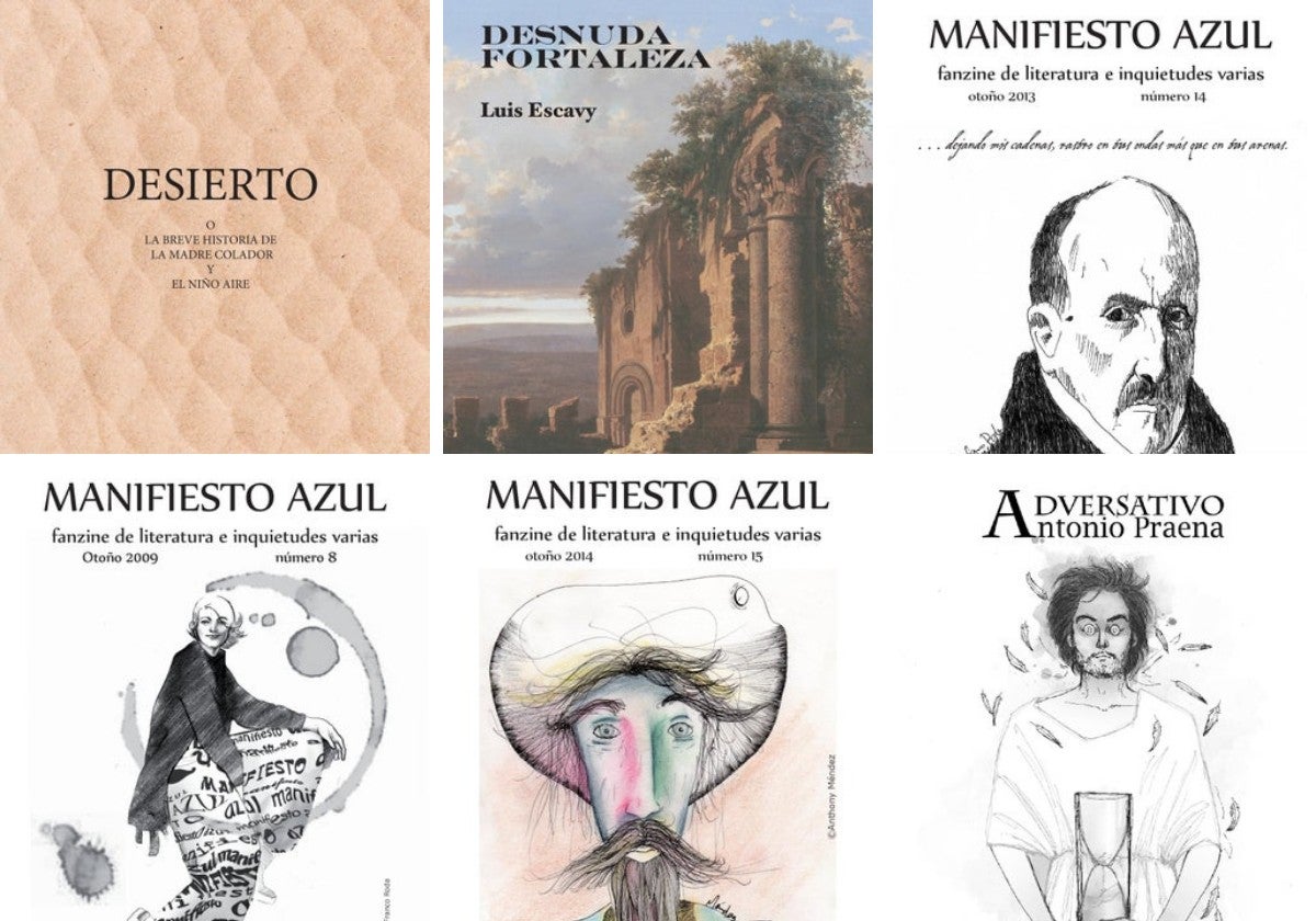 Una selección de las portadas de 'Manifiesto Azul' y de las plaquettes de los poetas invitados a 'Mursiya Poética' como Antonio Praena.