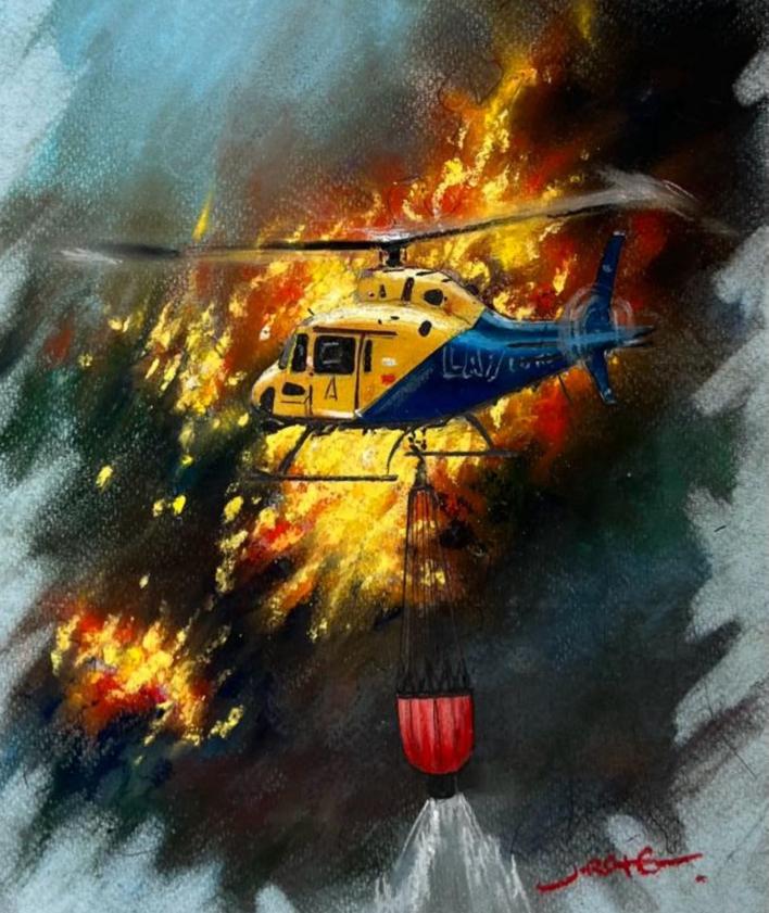 Imagen secundaria 2 - La escalada del fuego. Pinturas realizadas para la exposición 'Climbing fire' con motivo del patrón de los bomberos.