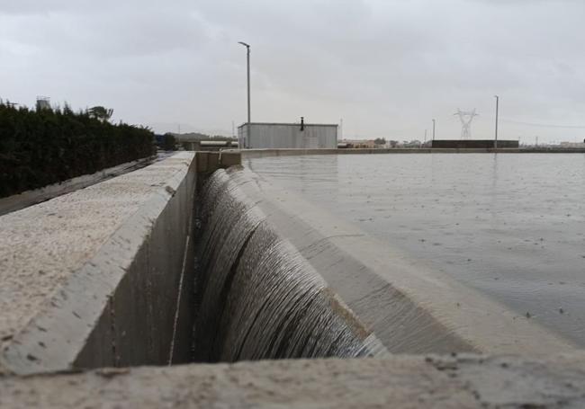 Tanque de tormentas de Torre Pacheco, lleno este domingo.