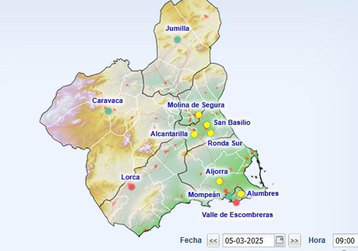 El mapa de la calidad del aire en la Región, este miércoles a las 9 horas.