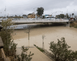 La crecida del nivel del Segura a su paso por el centro de Murcia hace desaparecer parte de los paseos en las márgenes del río.