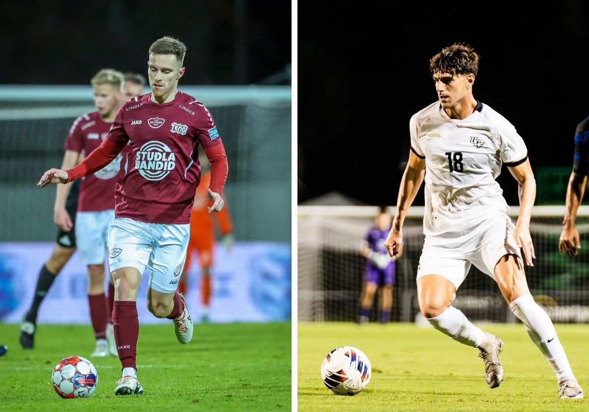 José Manuel López conduce el balón en la final del 'playoff' de la Tercera islandesa. | Javier López controla un balón en un partido de NCAA, el fútbol universitario norteamericano.