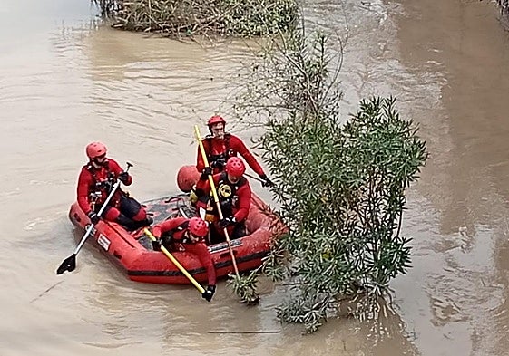 Los bomberos, este lunes, buscando al desaparecido en el río Segura.