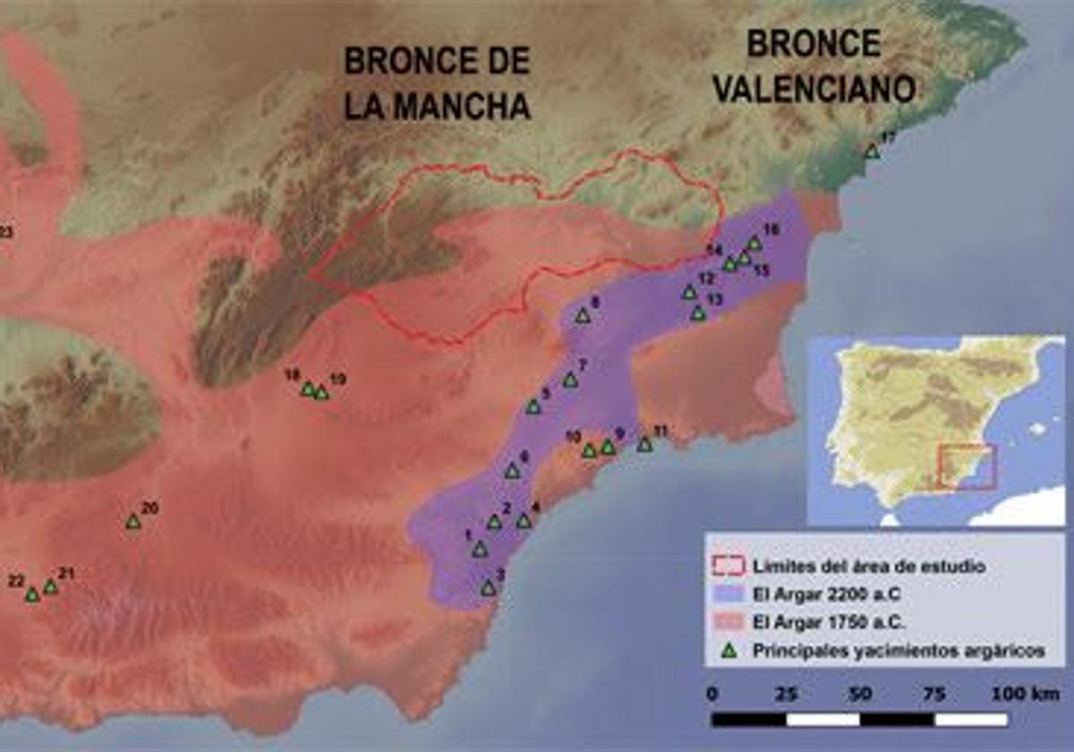 Mapa en el que se indica las fronteras de El Argar.