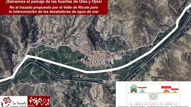 Imagen después - Izquierda, plano del expediente que delimita el BIC Conjunto Histórico de Ojós. A la derecha, trazado del anteproyecto de la CHS a su paso por Ojós